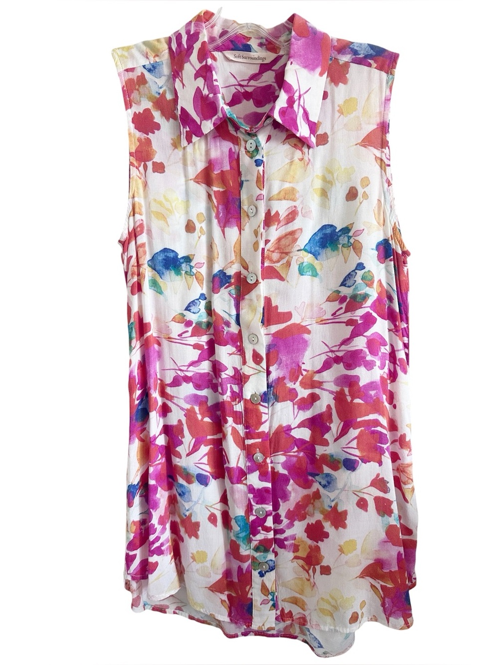 Soft Surroundings Floral Watercolor Sleeveless Button Front Tunic 100% Rayon